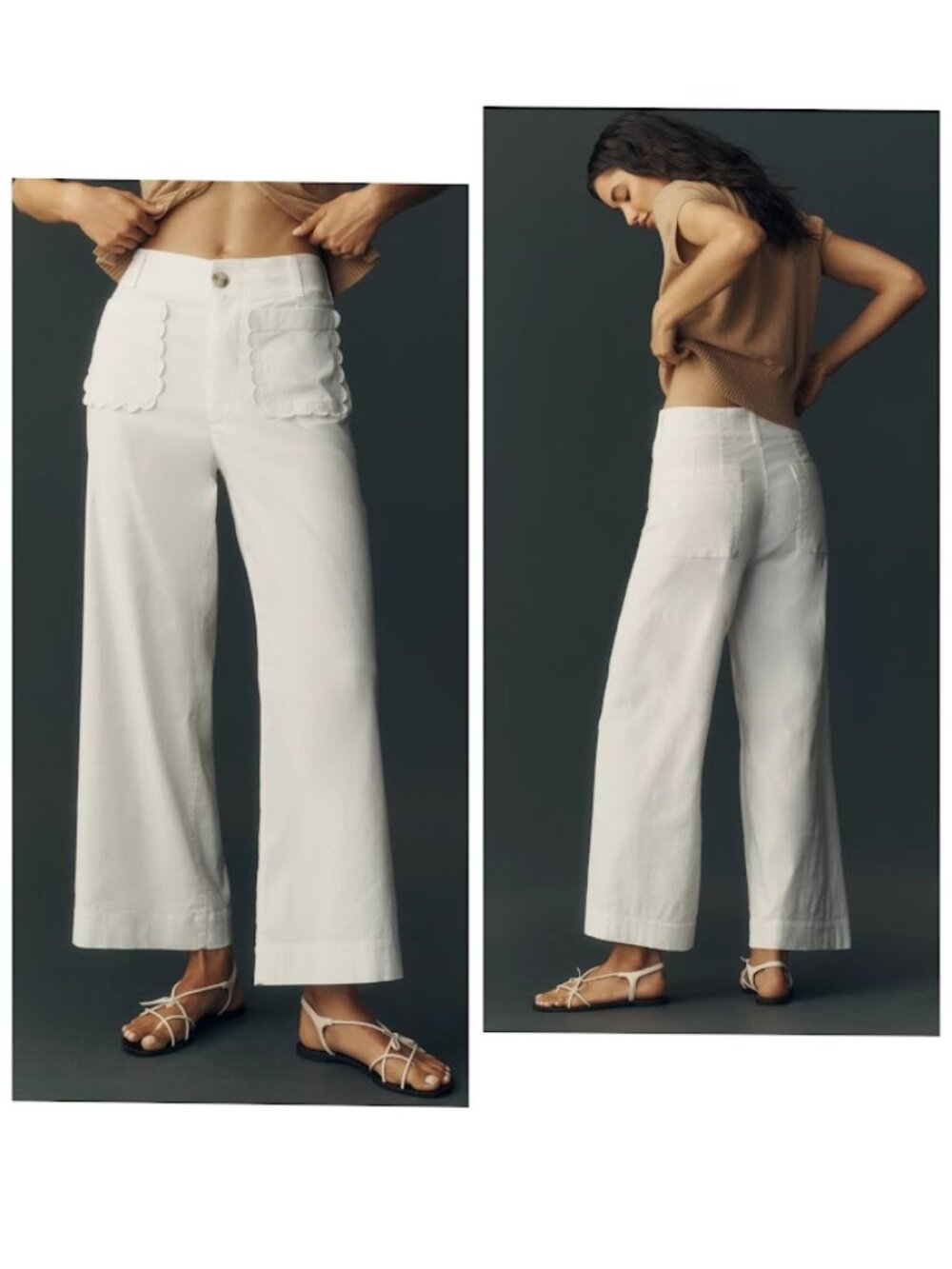 Maeve The Colette Magic Fabric Scallop Pocket Pants Wide Leg High Rise White 28 - Picture 2 of 13